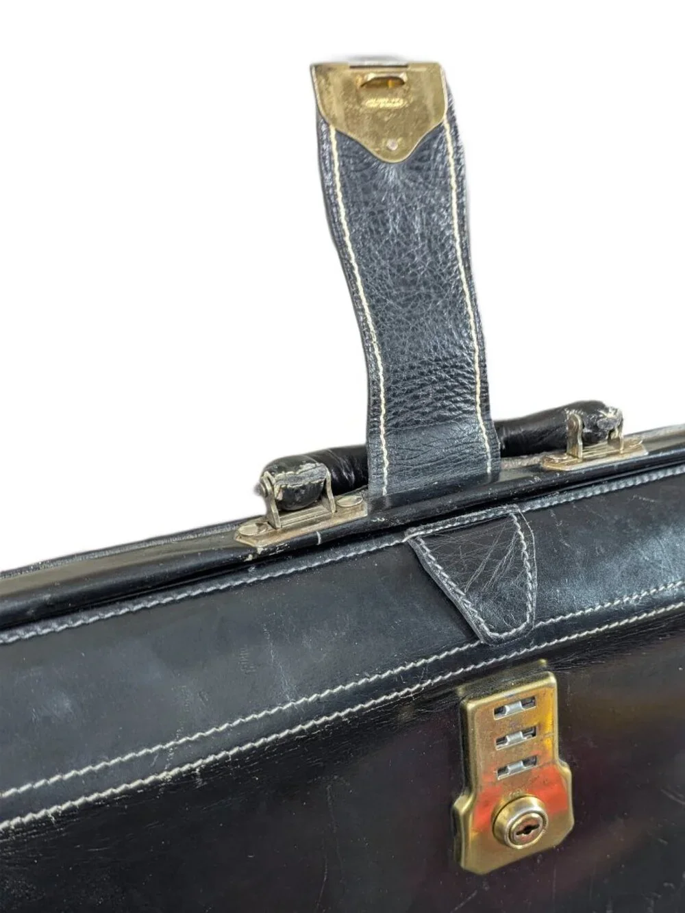 Vintage Black Leather Hinged-Mouth Briefcase - with Lock